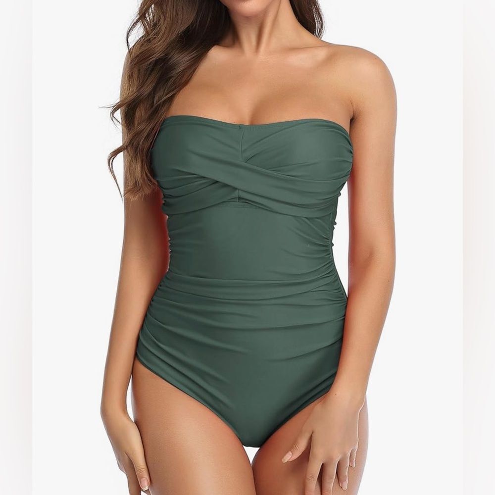 Smismivo Strapless One Piece Tummy Control Swimsuit Ruched Bandeau Olive Green L